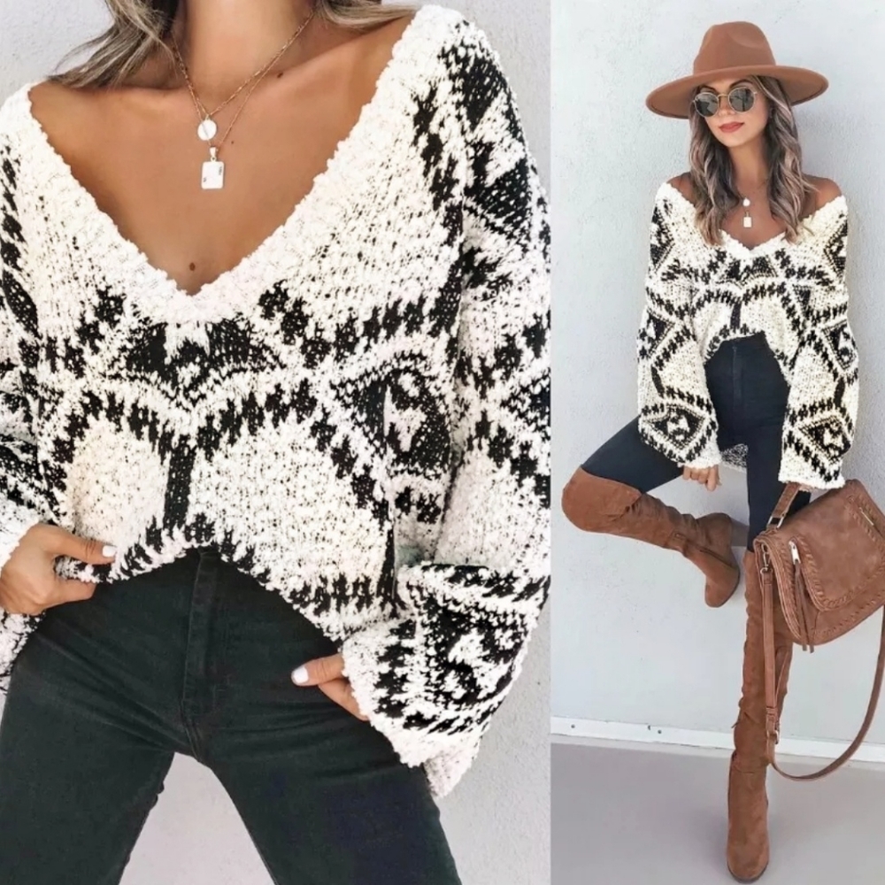 * New Boho Aztec Nubby Looped Knit Sweater Top Bell Sleeve